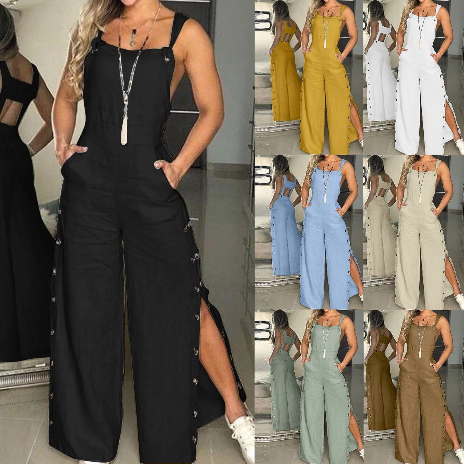 Women's Summer Sleeveless Cotton Linen Playsuits Strappy Side Button Opening Overalls Loose Long Wide Leg Pants Female Jumpsuits - image 3