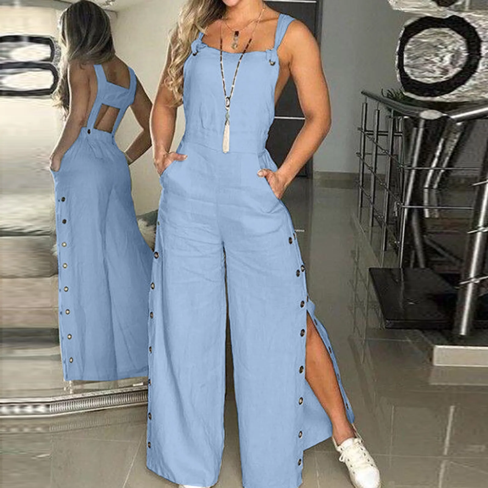 Women's Summer Sleeveless Cotton Linen Playsuits Strappy Side Button Opening Overalls Loose Long Wide Leg Pants Female Jumpsuits - image 0