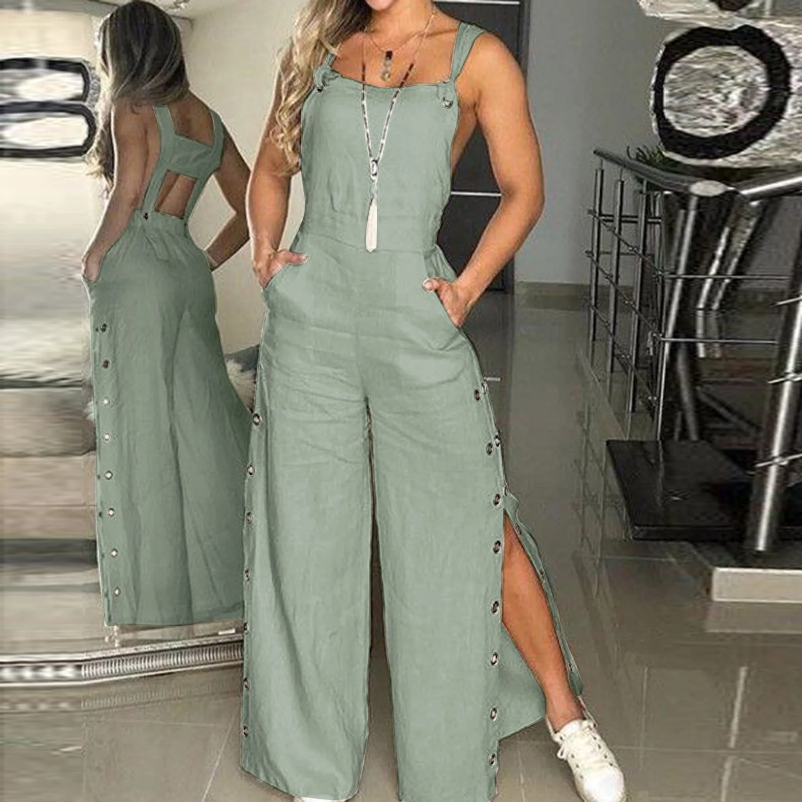 Women's Summer Sleeveless Cotton Linen Playsuits Strappy Side Button Opening Overalls Loose Long Wide Leg Pants Female Jumpsuits - image 2
