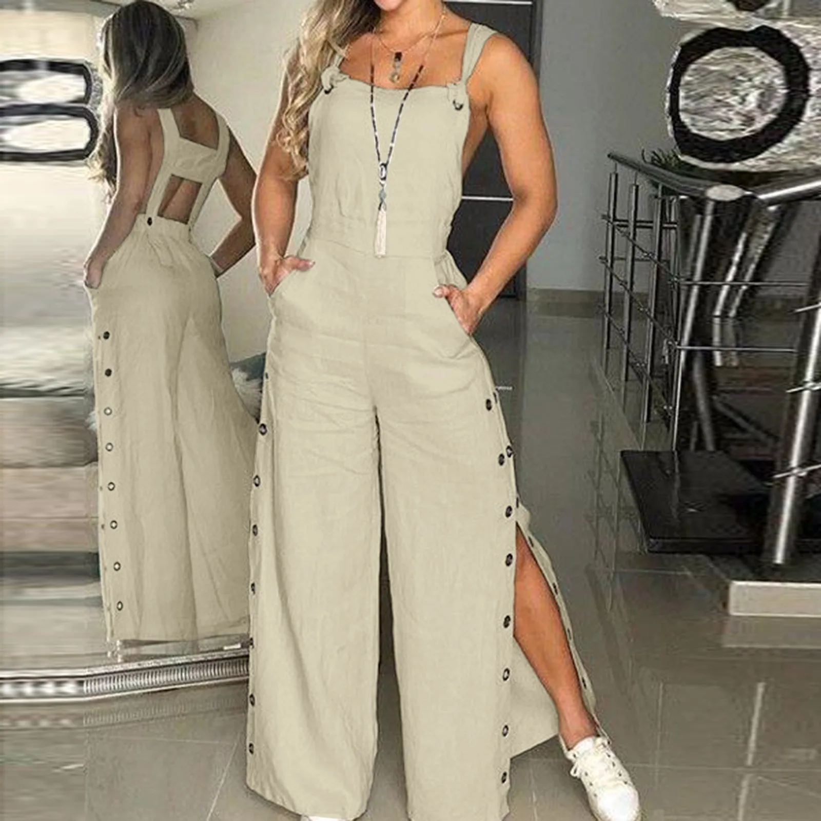 Women's Summer Sleeveless Cotton Linen Playsuits Strappy Side Button Opening Overalls Loose Long Wide Leg Pants Female Jumpsuits - image 1